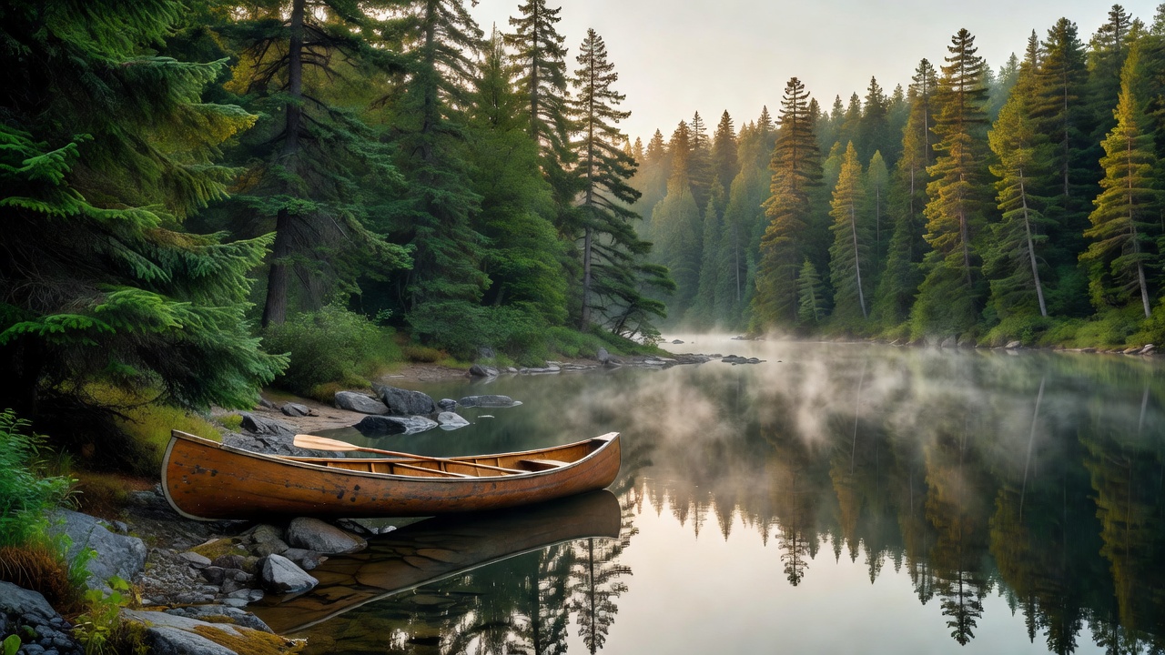 Canoe on a serene lake