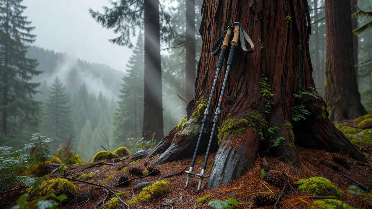Trekking poles in forest